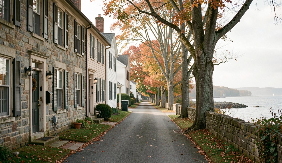 Collecting hand-made objects for an old house: a detailed New England home scene focused on hand-made objects for an old house